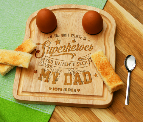 Personalised Engraved EGG & TOAST Breakfast Board - DAD SUPERHERO Dippy Egg and Soldiers - Father's Day Gift