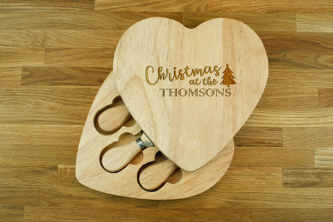 Personalised Engraved Heart Shaped Cheese Board Gift Set - Christmas