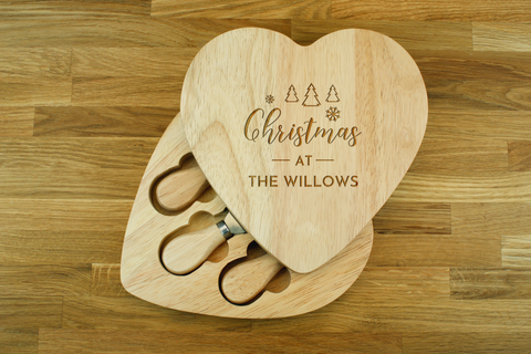 Personalised Engraved Heart Shaped Cheese Board Gift Set - Christmas Trees