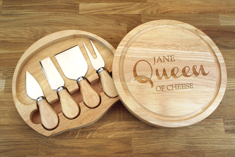 Personalised QUEEN OF CHEESE NAME Wooden Cheeseboard Gift Set - Engraved with Knife Set by Wood's Good - Made in UK -