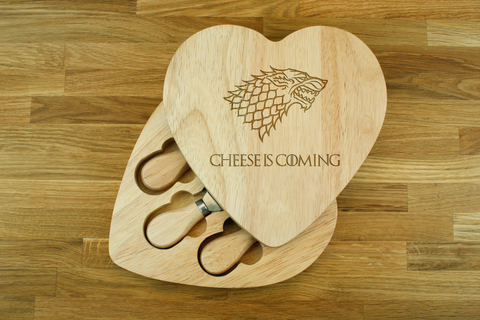 Personalised CHEESE IS COMING Game of Thrones Inspired Wooden Heart shaped Cheeseboard Gift Set - Engraved with Knife Set by Wood's Good - Made in UK -