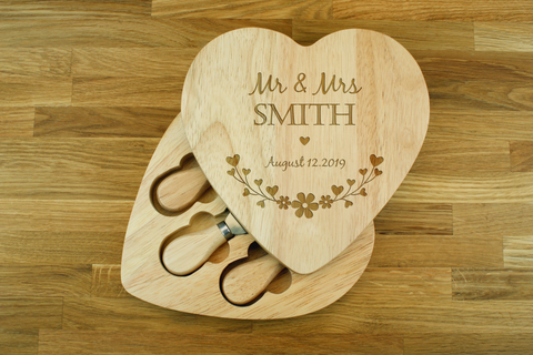 Personalised Heart Shaped Cheese Board and Knives Set - Personalized Wedding Anniversary Gift for Couples - Wedding Gifts For Husband And Wife 
