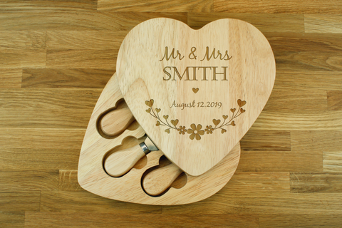 Personalised Heart Shaped Cheese Board and Knives Set - Personalized Wedding Anniversary Gift for Couples - Wedding Gifts For Husband And Wife