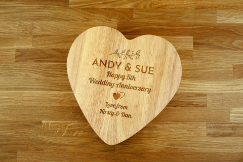 Engraved Heart Shaped Cheese Board Gift Set - Happy 5th Wedding Anniversary