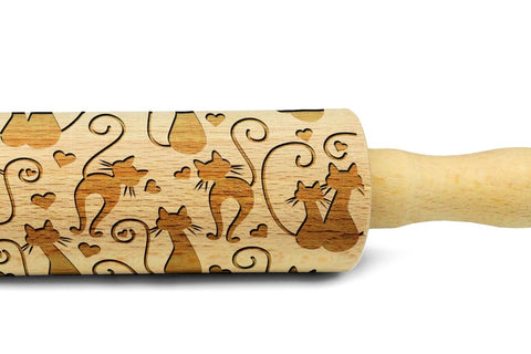 CATS IN LOVE engraved embossed MINI rolling pin by Wood's Good cats pattern embossing kids rolling pin