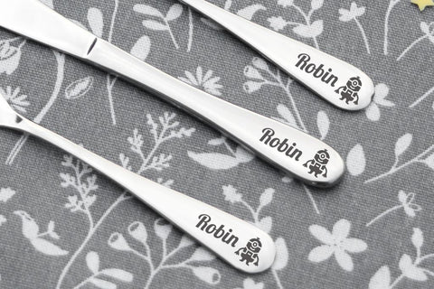 Personalised Engraved Childrens Cutlery Set Christening Birthday Kids Gift Idea - MINIONS Design & ANY TEXT engraving