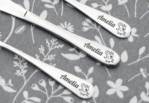 Personalised Engraved Childrens Cutlery Set Christening Birthday Kids Gift Idea - PEPPA PIG Design & ANY TEXT engraving