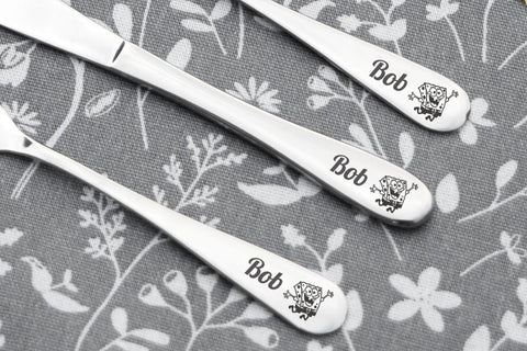 Personalised Engraved Childrens Cutlery Set Christening Birthday Kids Gift Idea - SPONGEBOB SQUAREPANTS Design & ANY TEXT engraving