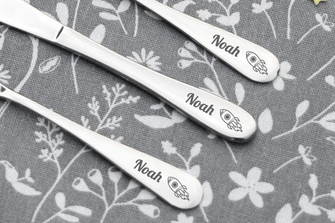 Personalised Engraved Childrens Cutlery Set Christening Birthday Kids Gift Idea - ROCKET SHIP Design & ANY TEXT engraving