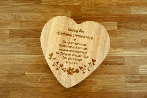 Engraved Heart Shaped Cheese Board Gift Set - 5th Wedding Anniversary