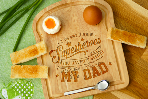 Personalised Engraved EGG & TOAST Breakfast Board - DAD SUPERHERO Dippy Egg and Soldiers - Father's Day Gift