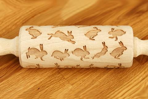 Engraved Embossing Embossed EASTER RABBITS MINI KIDS SIZED rolling pin wooden laser cut pattern unique design by Wood's Good