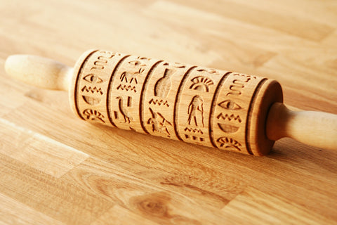 Engraved Embossing Embossed HIEROGLYPHS EGYPTIAN MINI KIDS SMALL rolling pin wooden laser cut pattern unique design MADE IN UK