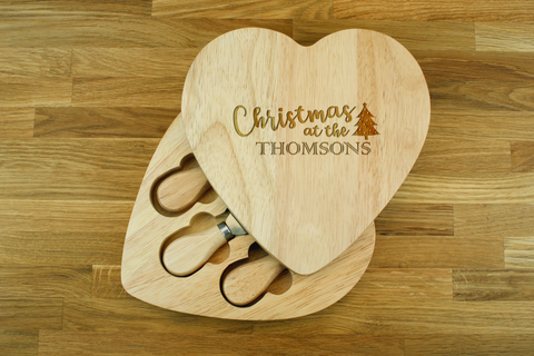 Personalised Engraved Heart Shaped Cheese Board Gift Set - Christmas 