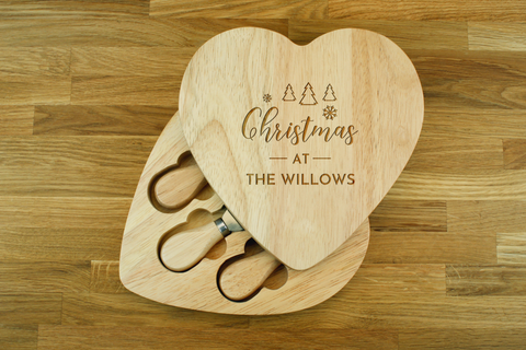 Personalised Engraved Heart Shaped Cheese Board Gift Set - Christmas Trees 