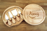 Personalised KING OF CHEESE NAME Wooden Cheeseboard Gift Set - Engraved with Knife Set by Wood's Good - Made in UK - 