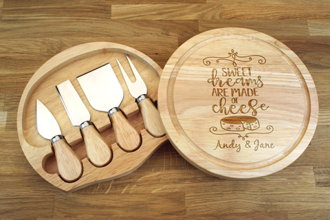 Personalised SWEET DREAMS ARE MADE OF CHEESE Wooden Cheeseboard Gift Set - Engraved with Knife Set by Wood's Good - Made in UK - WEDDING GIFT FOR COUPLES