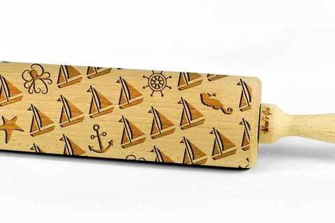 OCEAN engraved embossed BIG rolling pin ocean sea life pattern engraved rolling pin by Wood's Good marine embossing rolling pin