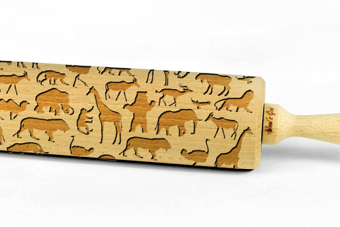 SAFARI ANIMALS engraved embossed BIG rolling pin africa savannah pattern engraved rolling pin by Wood's Good